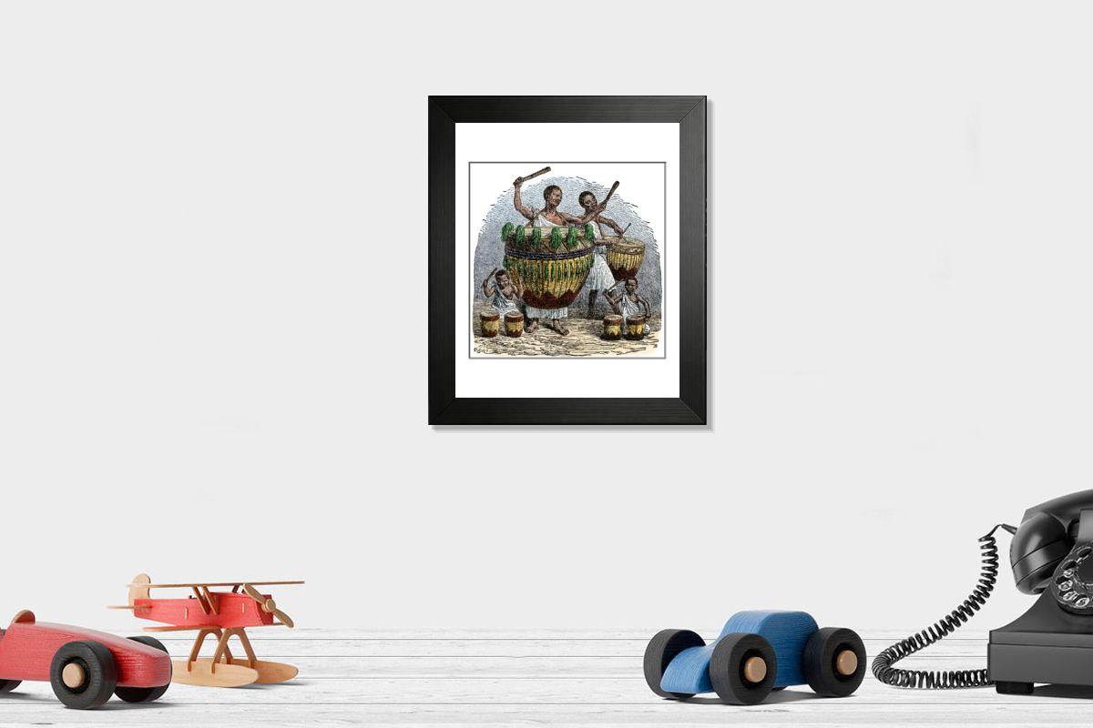 Framed Print of African Drummers Print, 19th-Century Waganda Scene