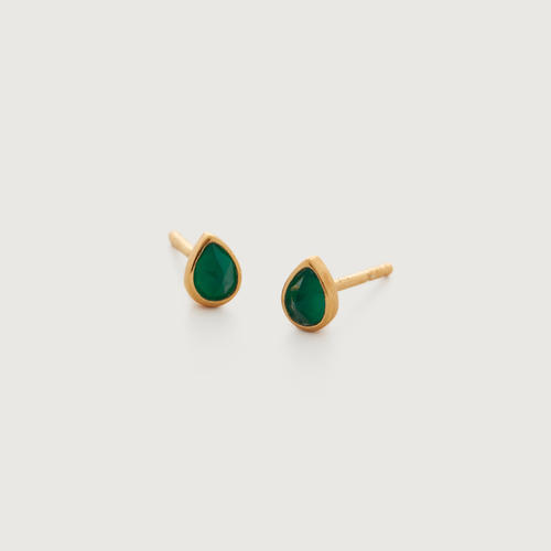 Gold Vermeil Teardrop Gemstone Stud Earrings - Green Onyx