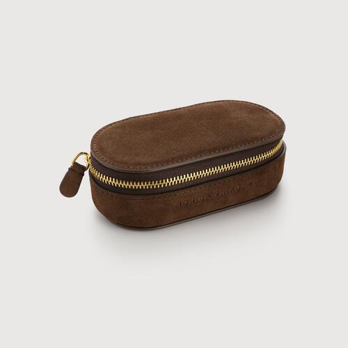 Leather Mini Oval Suede Jewellery Box - Chocolate