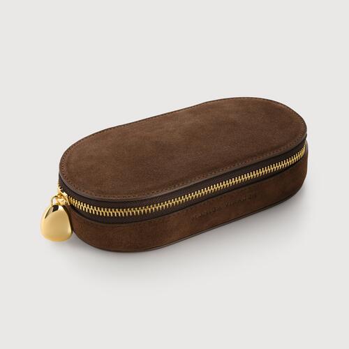 Leather Oval Suede Jewellery Box - Chocolate