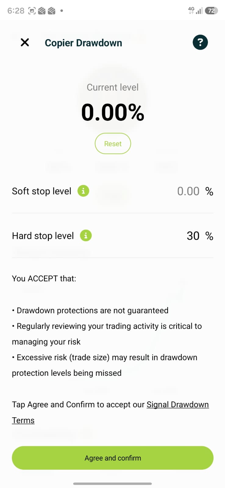 Copier drawdown settings screen in the Caveo app