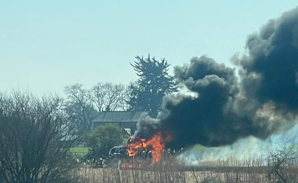 Watch: UK firefighters tackle tractor fire after flames destroy crop fields