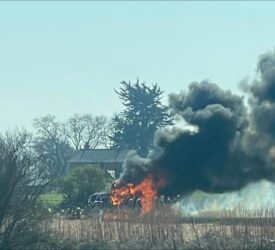 Watch: UK firefighters tackle tractor fire after flames destroy crop fields