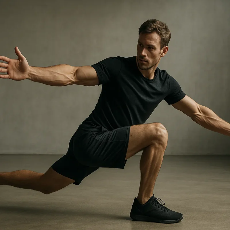 Athlete performing a functional movement pattern deep lunge with rotation