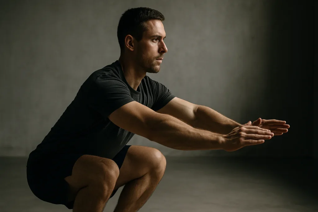 Close-up of athlete performing deep squat with neutral spine and arms extended forward, showing integrated movement chain