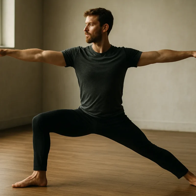 Yoga practitioner holding Warrior II pose