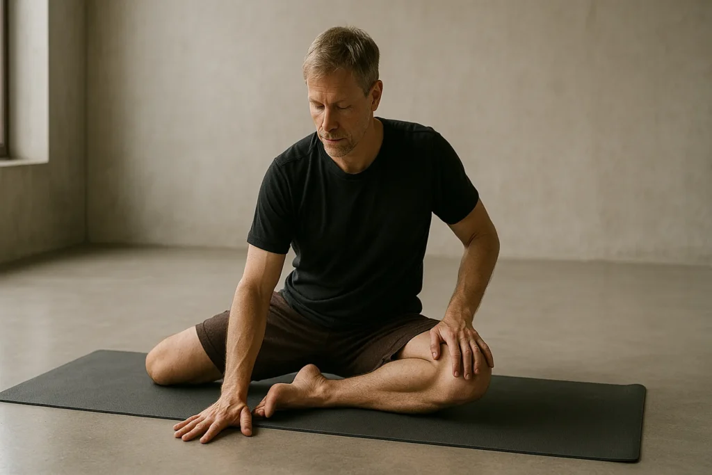 Yoga practitioner flowing through 90-90 hip mobility sequence, controlled slow movement