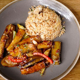 Meal card cover for: Aubergine & spicy bean sauce Served with Egg Noodles