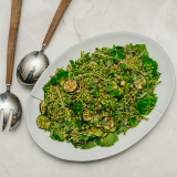 Meal card cover for: Seasonal Greens, Pesto and Giant Couscous Salad (VG, N)