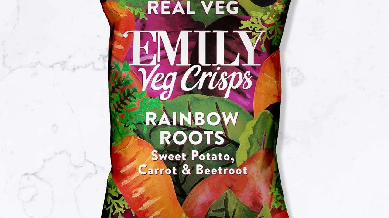 Meal card cover for: Emily's Snacks. Rainbow roots veg crisps