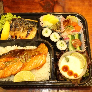 Meal card cover for: Double Up Bento B ( Saba shioyaki & Salmon Teriyaki)-Miso soup not included