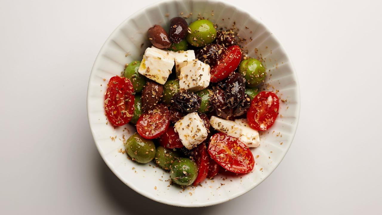 Meal card cover for: Tomato, Nocellara and Kalamata Olives & Feta