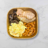 Meal card cover for: Turkey bacon, scrambled eggs, beans and mushrooms