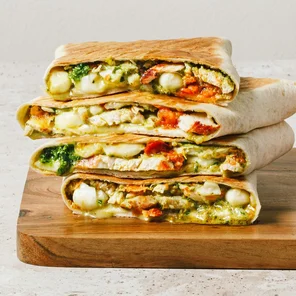 Meal card cover for: chicken, mozzarella & pesto toasted wrap