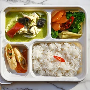 Meal card cover for: Bento Box - Green Curry (Chicken) and Vegetarian Spring Rolls