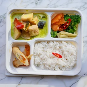 Meal card cover for: Bento Box - Thai Green Curry (Tofu) and Vegetarian Spring Rolls