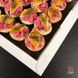 Meal card cover for: Smoked Mackerel on Beetroot Hummus Ficelle