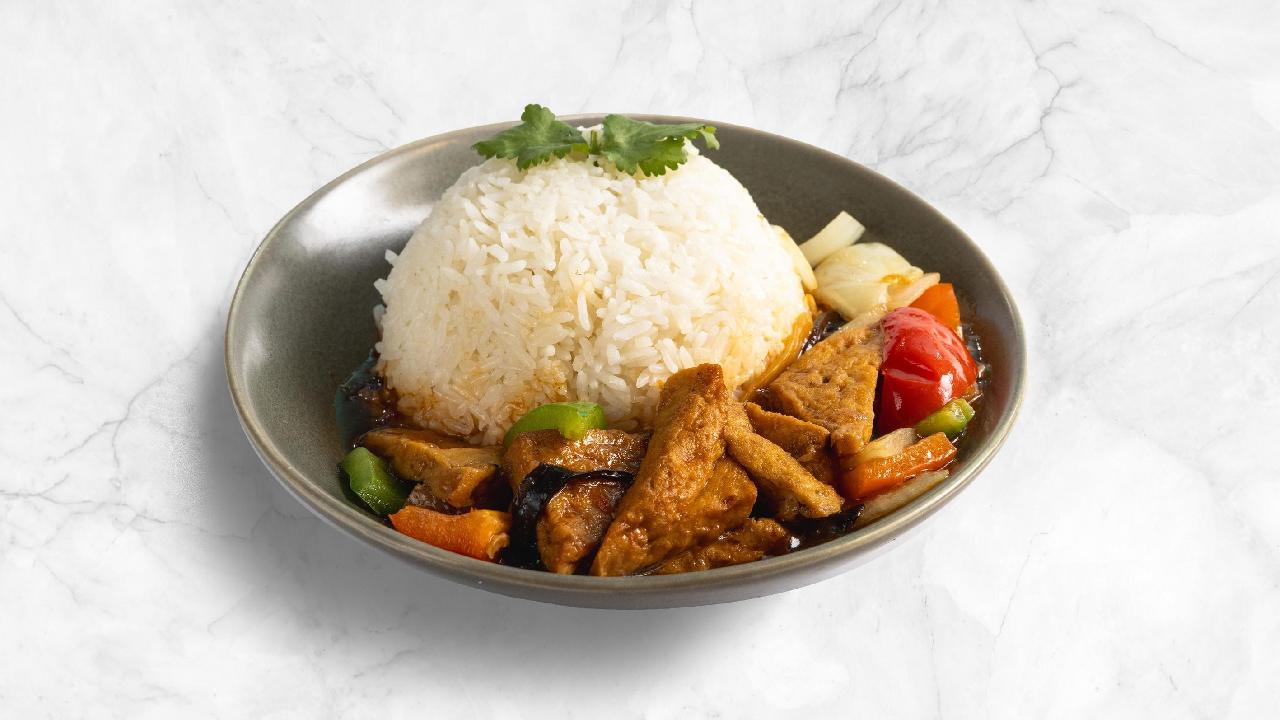 Meal card cover for: Vegan Yuxiang Tofu Rice 魚香豆腐飯 (VE)