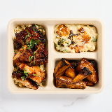 Meal card cover for: J's Classic (Brown Rice, Smoky Ancho Harissa Chicken, Seasonal Mac 'N' Cheese, Spiced Date Sweet Potato, Pickled Red Onion)