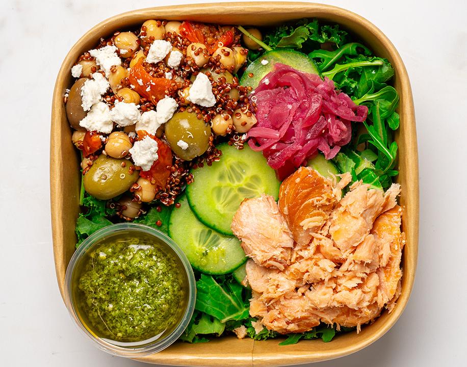 Meal card cover for: Hot Smoked Salmon & Pesto Bowl by Emma Petersen