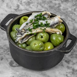 Meal card cover for: Marinated green olives & anchovies