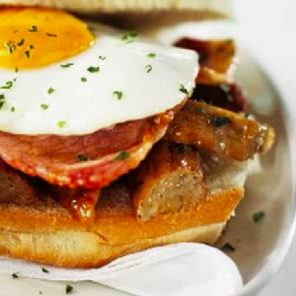 Meal card cover for: Fried egg, bacon and cumberland sausage on Farmhouse Bread