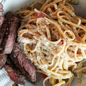 Meal card cover for: Pan Grilled Sirloin Steak served with Pasta Pomodoro