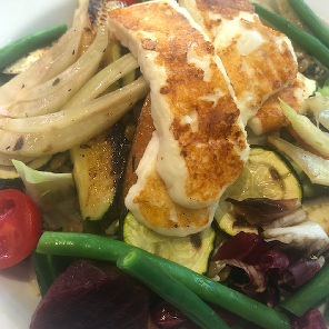 Meal card cover for: Grilled Goats Cheese, Zucchini,Aubergine & Sweet Peppers Salad