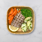 Meal card cover for: Tuna steak with new potatoes carrots and peas