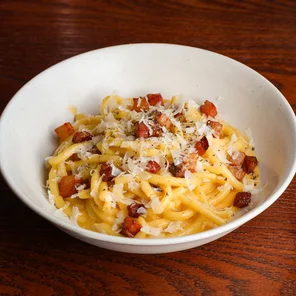 Meal card cover for: Pancetta Carbonara (Bucatini)