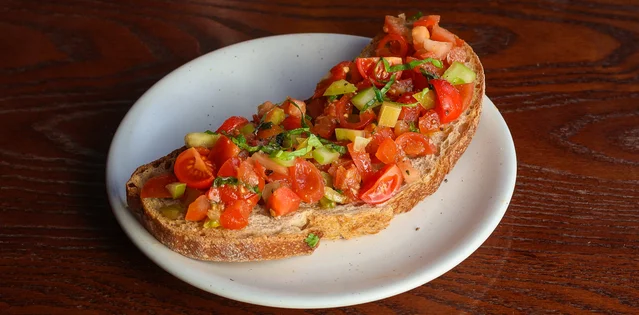 VEGAN Bruschetta with Heritage Tomatoes, Emilia's Crafted Pasta - Aldgate