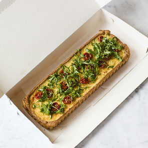 Meal card cover for: Whole roasted tomato, spinach and goat's cheese quiche
