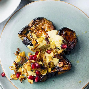 Meal card cover for: Roasted aubergine, lemon yoghurt, pomegranate and za'atar pita