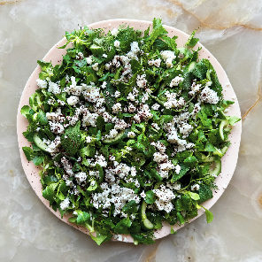 Meal card cover for: Gem lettuce cos and herbs with cucumber feta, honey dressing