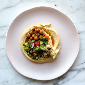 Meal card cover for: Hummus with chickpea, sumac onion, chilli and parsley