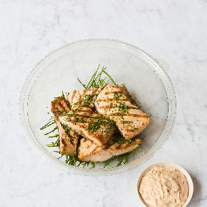 Meal card cover for: Platter of roasted salmon with olive and caper salsa