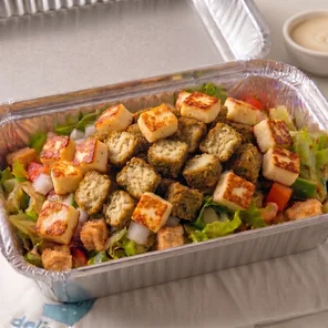 Meal card cover for: Falafel & Halloumi Salad