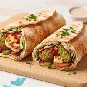 Meal card cover for: Falafel & Halloumi wrap
