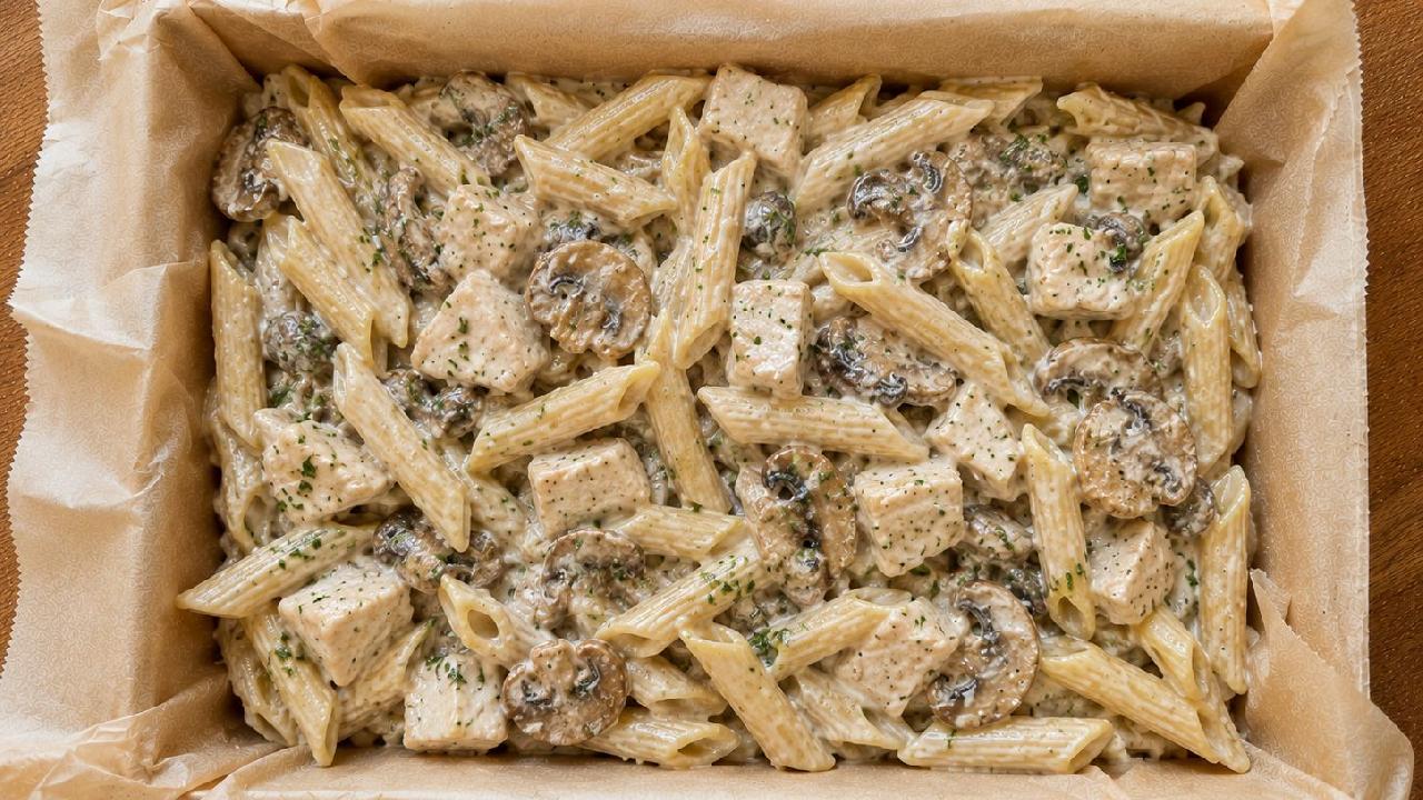 Meal card cover for: Creamy Chicken & Mushrooms Pasta Salad (up to 12 people)