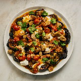 Meal card cover for: Roasted aubergine with curried tomatoes and croutons 