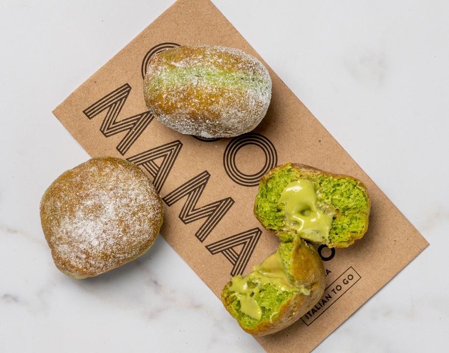 Meal card cover for:  Pistachio Bomboloni Trio (V) 