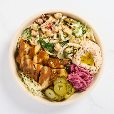 Meal card cover for: Med Hummus Bowl (Sesame Cabbage, Amba Chicken + Green Tahini, Chickpea + Pickle, Green Tahini, Pickled Red Onion, Pickled Cucumber, Chunky Butter Bean Hummus)