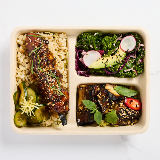 Meal card cover for: The Lime Leaf Thai (Brown Rice, Sesame Cabbage, Lime Leaf Chicken Breast Skewer, Chilli Ginger Aubergine, Kale Miso Slaw, Pickled Ginger Cucumbers)