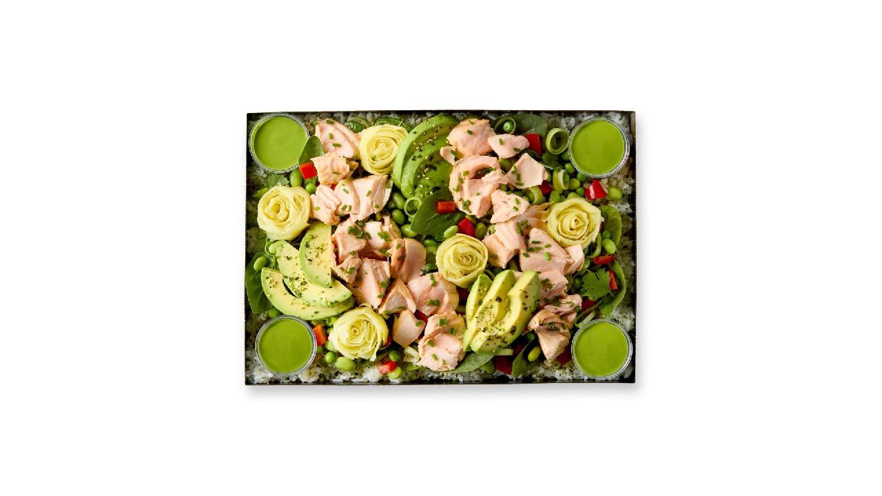Meal card cover for: poached salmon bento salad platter