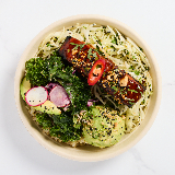 Meal card cover for: Salmon Bowl (Brown Rice, Sesame Cabbage, Gochujang Salmon, Kale Miso Slaw, Smashed Avo', Cashew Nori Crunch)
