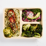 Meal card cover for: Farmer's Catch (Sesame Cabbage, Gochujang Salmon, Ponzu Sesame Broccoli, Kale Miso Slaw, Pickled Ginger Cucumbers, Cashew Nori Crunch)