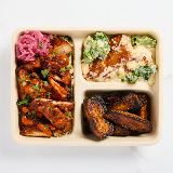Meal card cover for: J's Classic (Brown Rice, Smoky Ancho Harissa Chicken, Seasonal Mac 'N' Cheese, Spiced Date Sweet Potato, Pickled Red Onion)