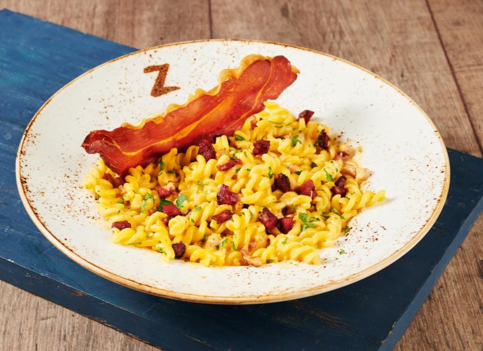 Meal card cover for: Non-gluten Pasta Chorizo Carbonara