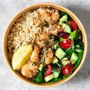 Meal card cover for: Coconut & Lime Prawns with wholegrain rice & salad.