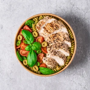 Meal card cover for: *NEW RECIPE* Peppered free range chicken breast with whole wheat pasta with green pesto.